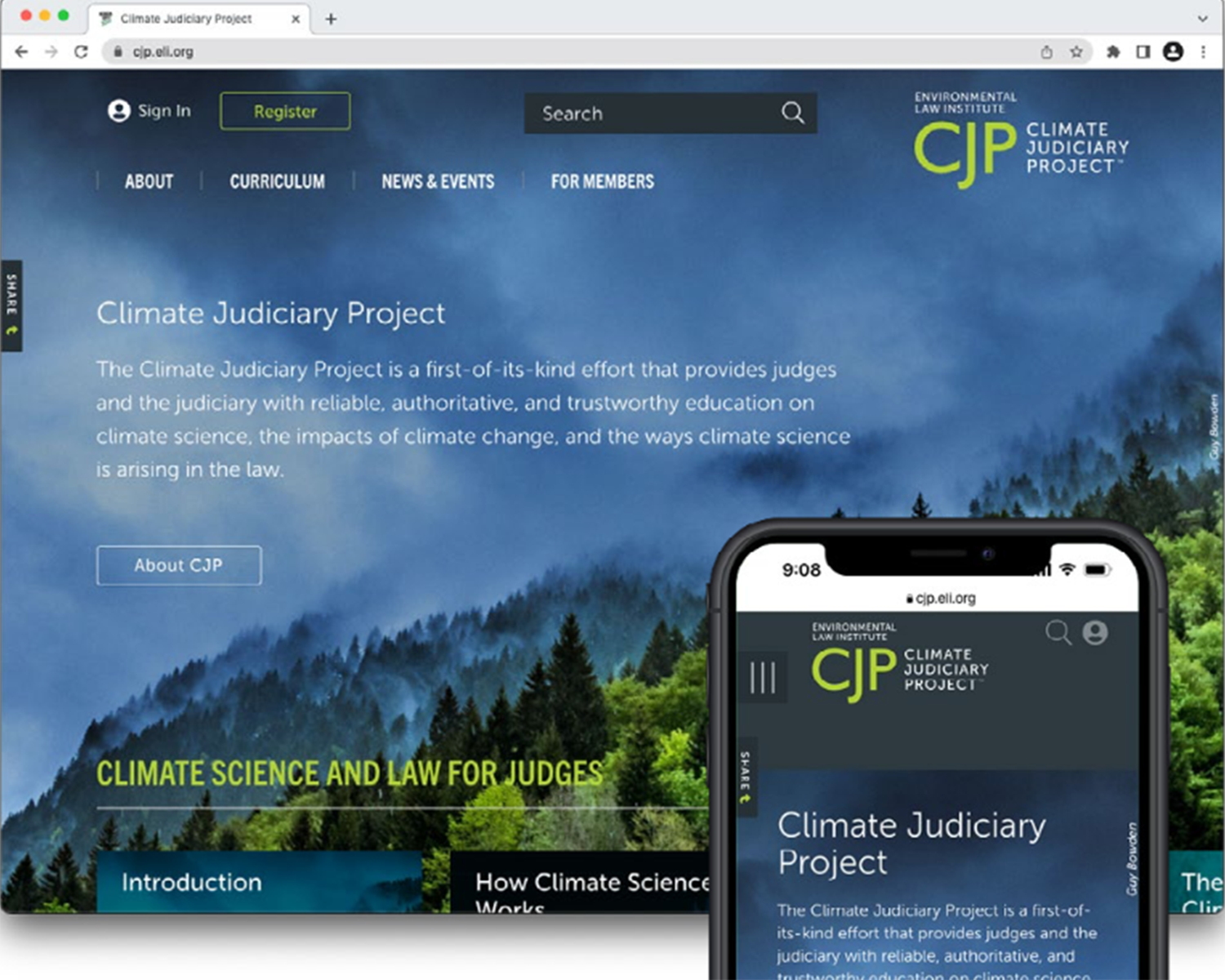 CJP website screenshot with mobile display.